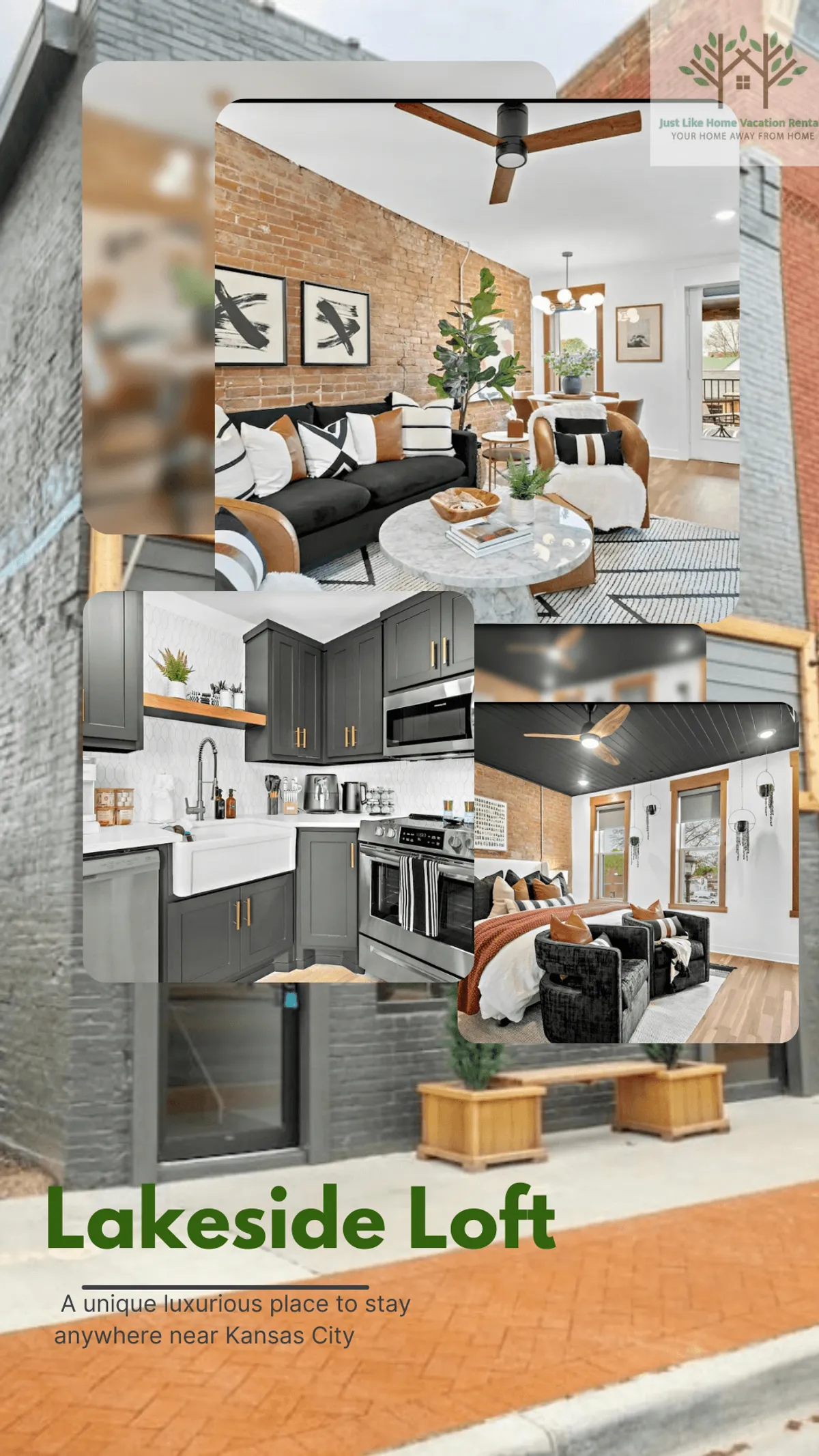 The image showcases a stylish open-concept living area with an exposed brick wall, modern kitchen appliances, a comfy couch, decorative artwork, and a sunlit dining table. The natural light streaming in creates a warm and inviting atmosphere, perfect for relaxing, sharing meals, and spending time together.